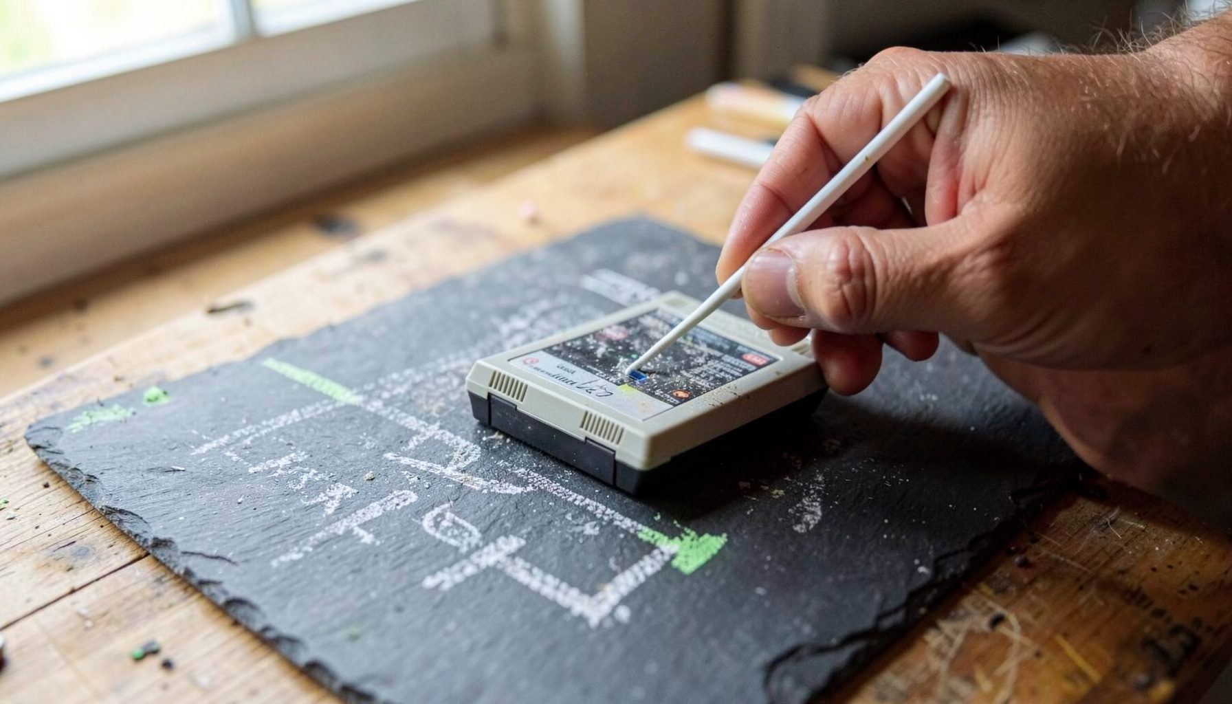 A close-up of hands carefully cleaning a classic NES cartridge with a cotton swab, set on a wooden workbench with soft natural light.