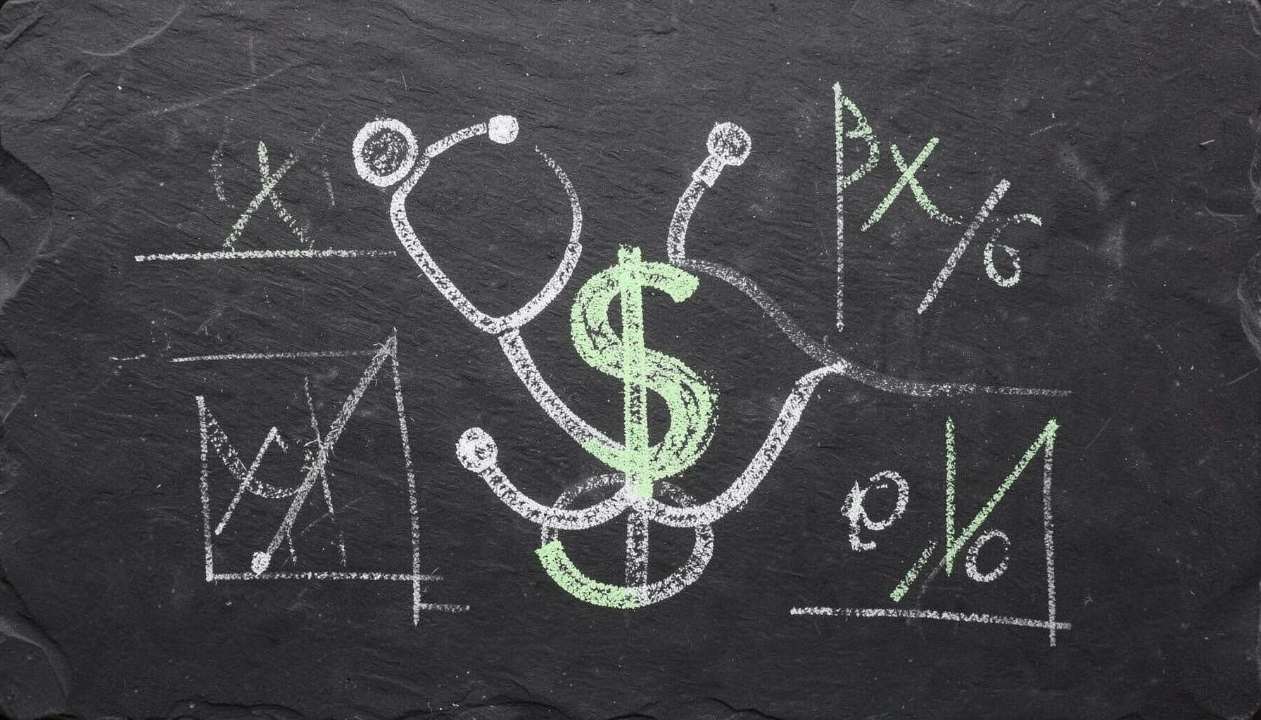 A chalk drawing on a dark slate board showing a stethoscope intertwined with a dollar sign, surrounded by hand-drawn charts and financial symbols.