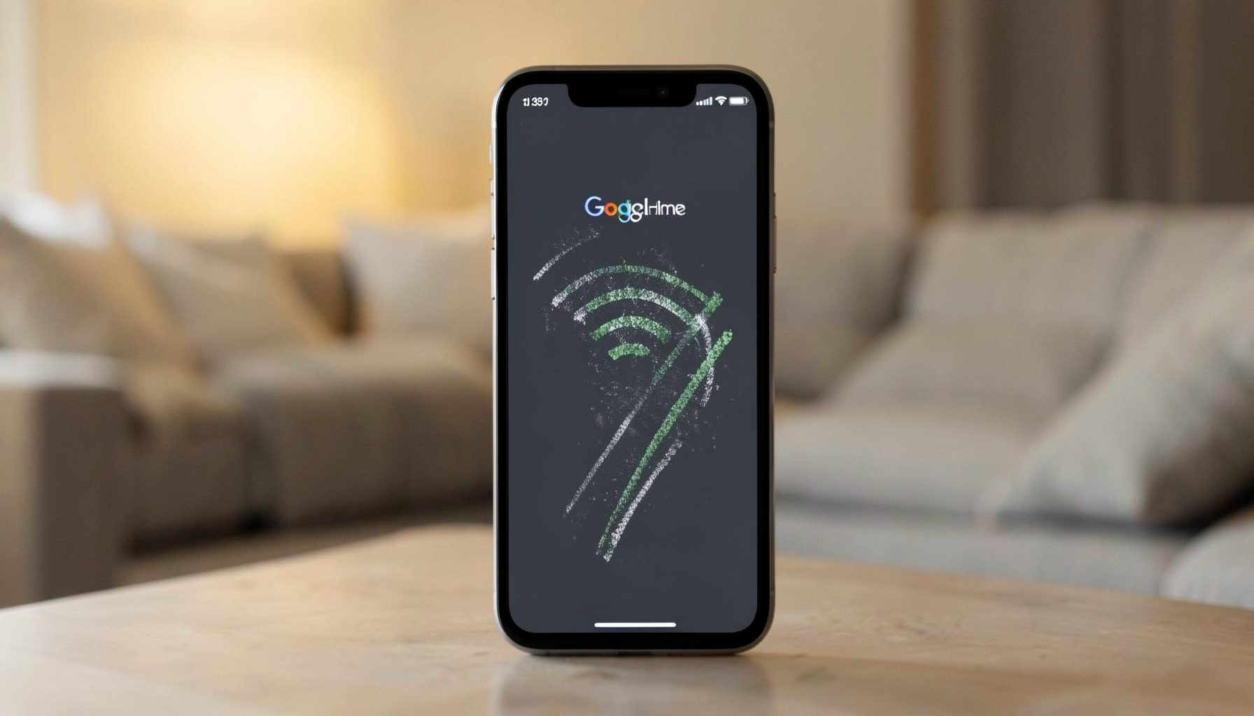 A smartphone screen displaying the Google Home app interface with a WiFi settings icon highlighted, set against a warm softly lit background.