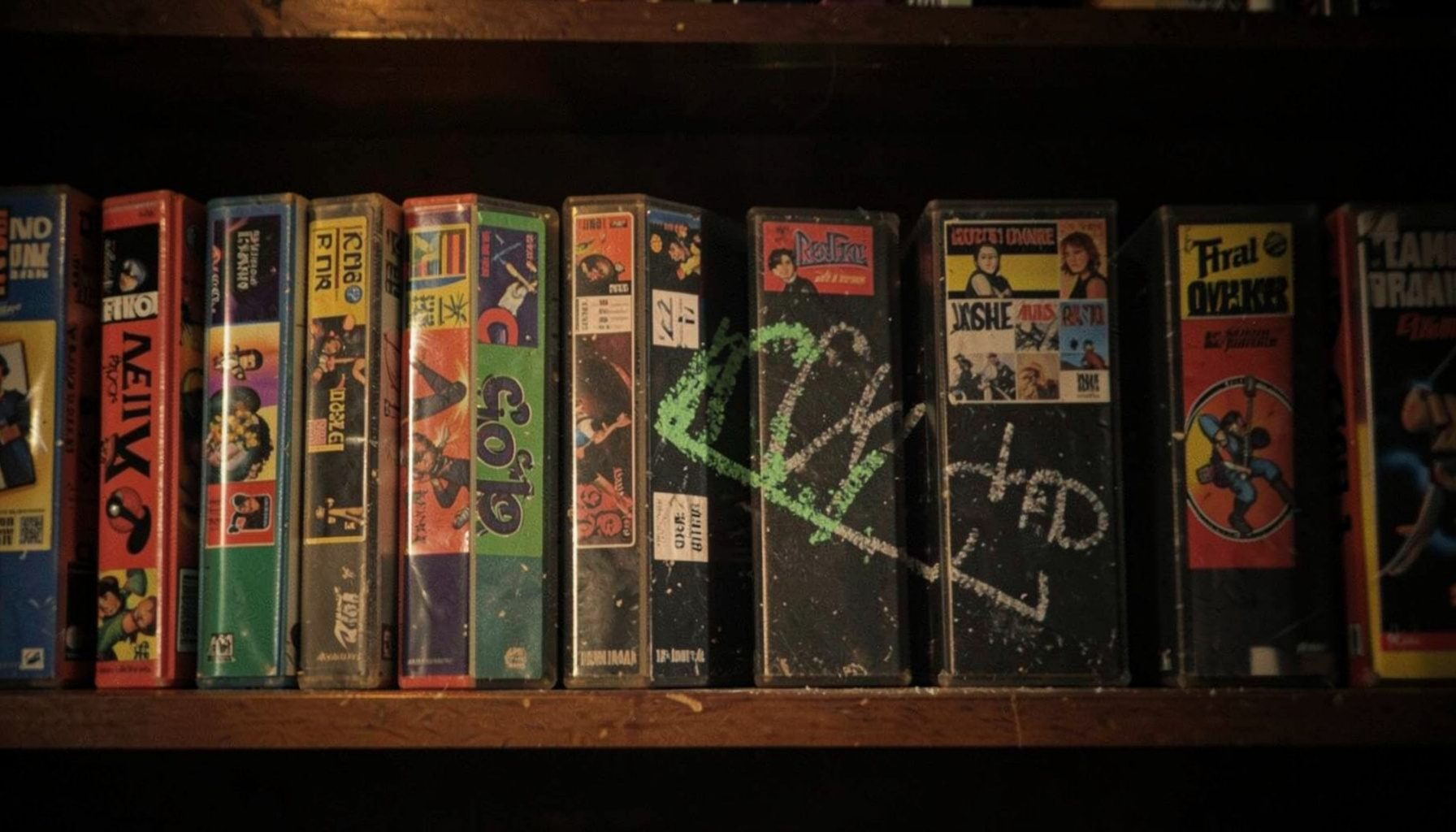 A dimly lit shelf lined with colorful retro game cartridges and jewel cases, warm amber light casting soft shadows across the collection.