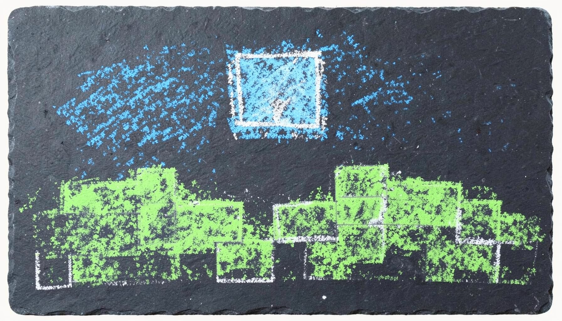 A pixelated landscape of blocky green hills and a square sun against a blue sky, rendered in the style of a chalk drawing on a dark slate board.